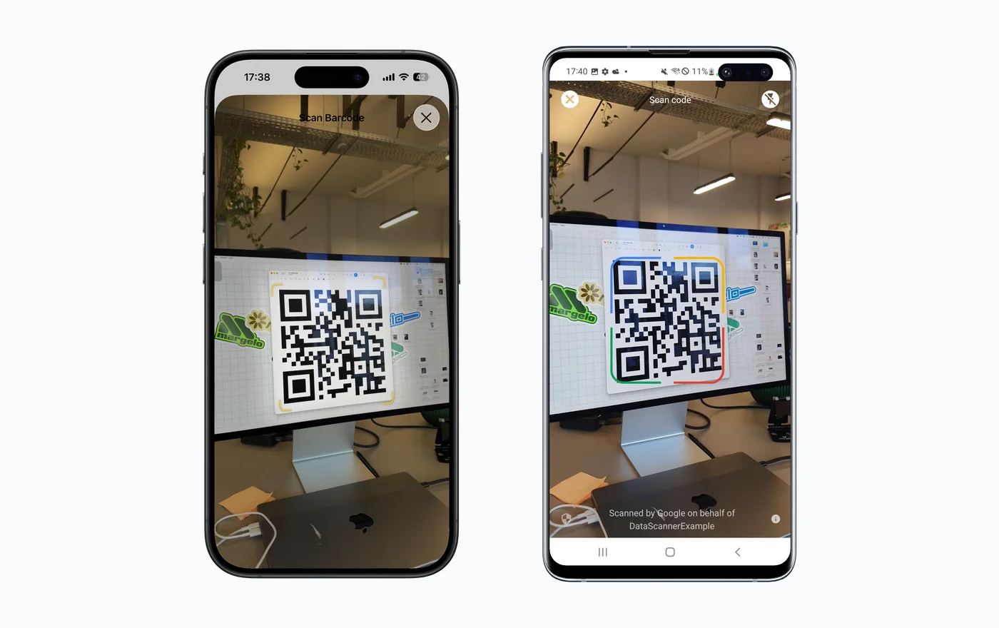 The native barcode scanner UI presented by react-native-data-scanner: VisionKit's DataScannerViewController on iOS (left) and Google's code scanner activity on Android (right), each scanning a QR code.