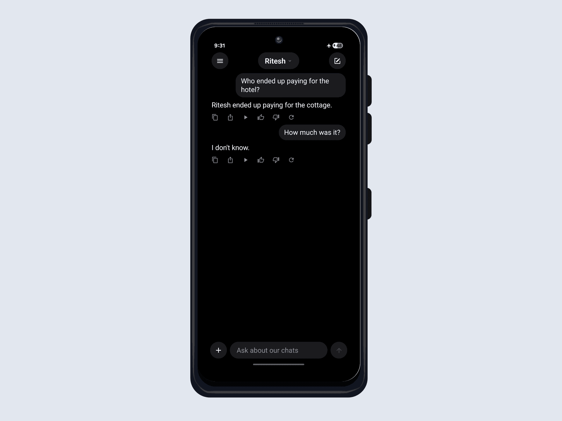 Two turns on a moto g35 in airplane mode. The first, "Who ended up paying for the hotel?", is answered "Ritesh ended up paying for the cottage." The follow-up "How much was it?", answered with no conversation context, comes back "I don't know."