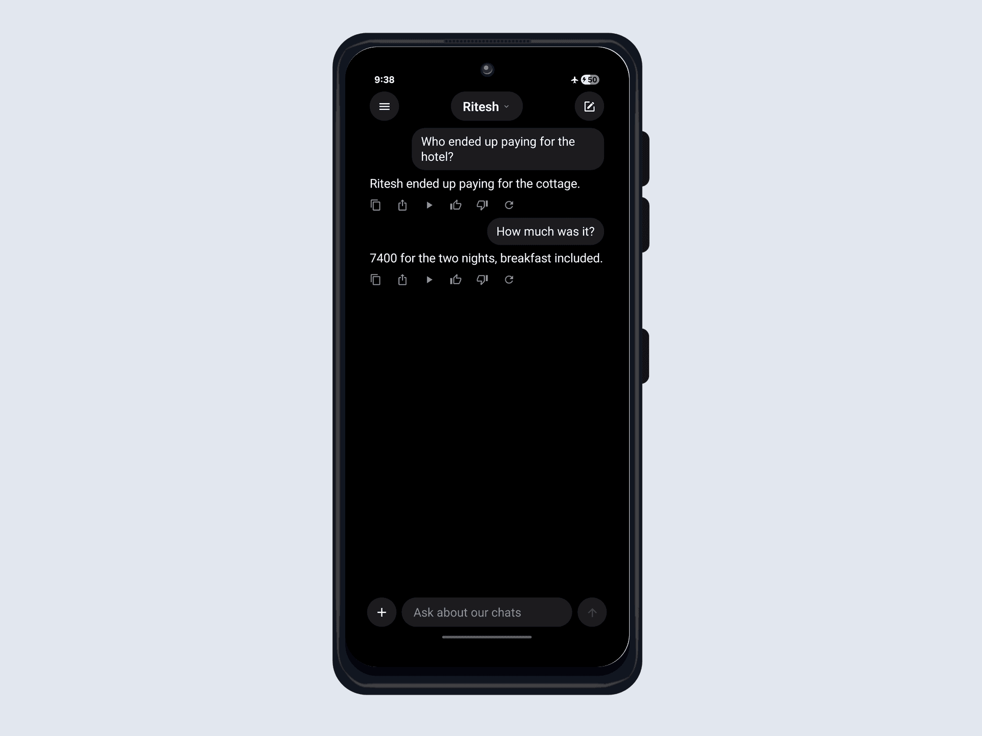 The same two turns, this time with conversation context carried across them. The first question is answered "Ritesh ended up paying for the cottage." and the follow-up "How much was it?" is now answered correctly: "7400 for the two nights, breakfast included."