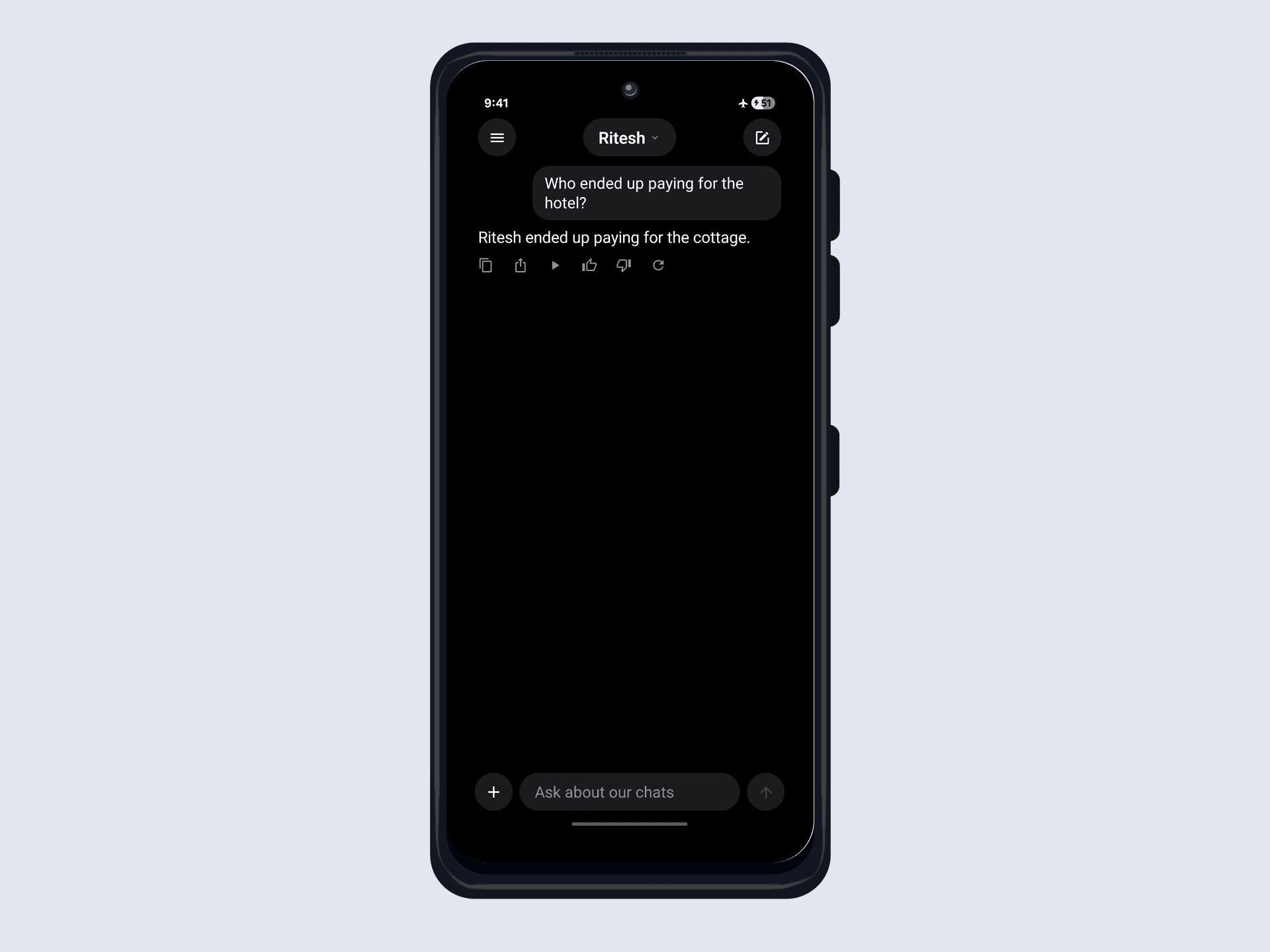 The chat app answering "Who ended up paying for the hotel?" with "Ritesh ended up paying for the cottage." on a moto g35 in airplane mode, retrieved from the imported chat, entirely on-device.