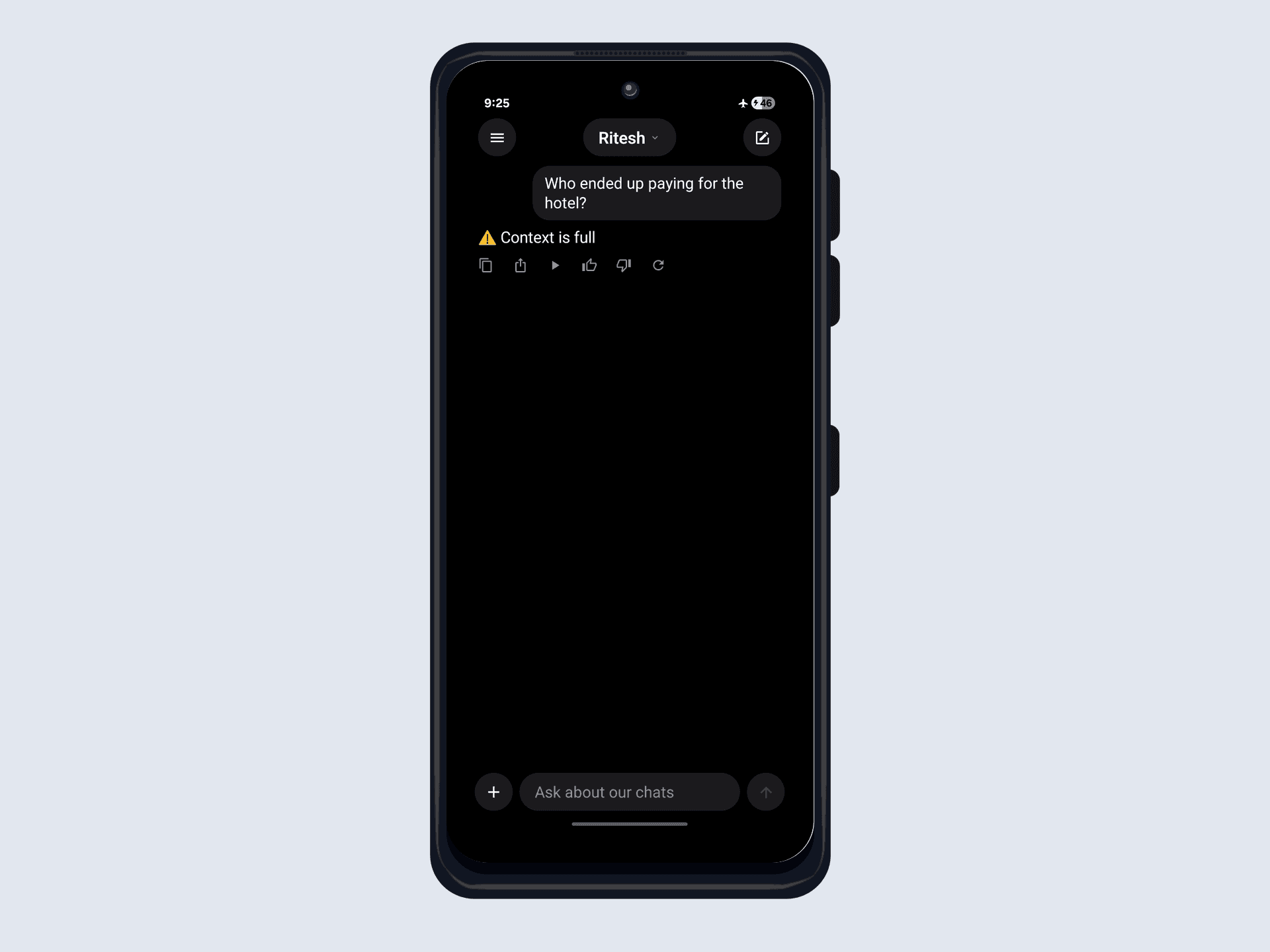 Asking "Who ended up paying for the hotel?" with the entire WhatsApp export crammed into the model's context, on a moto g35 in airplane mode. The reply is an error, the context overflows and the request never runs.